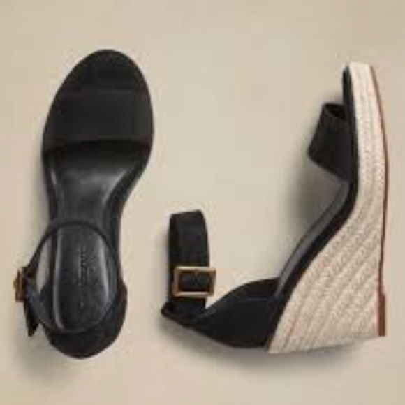 NWT BANANA REPUBLIC Suede Wedge Espadrilles Ankle Strap Black - Picture 2 of 2